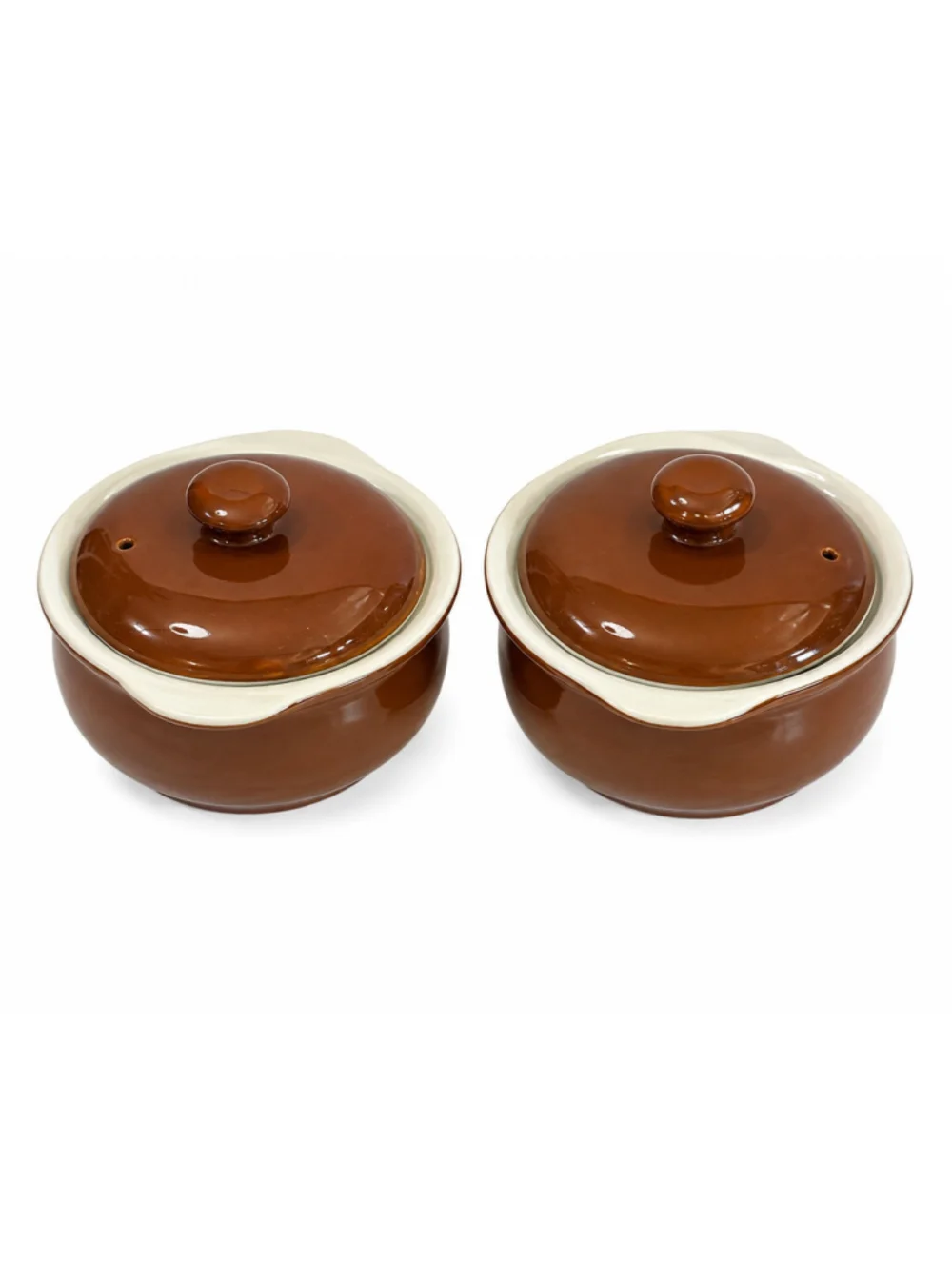 Vintage Hall USA Brown Cream Stoneware Individual Casserole Crocks Lids Set 2